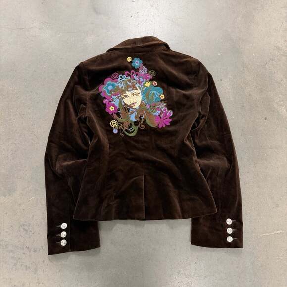 True Religion Jackets & Blazers - True Religion Brown Velvet Embroidered Blazer Jacket Floral Back Graphic Y2K